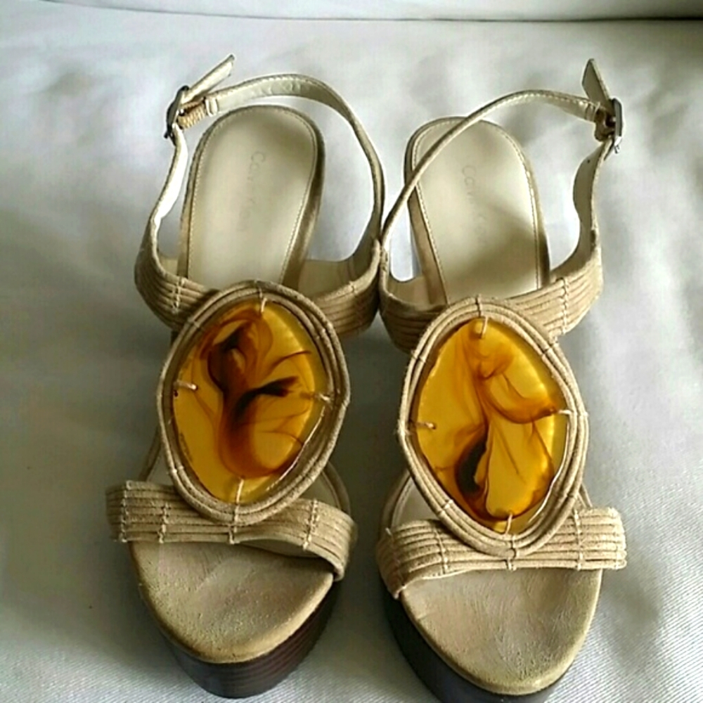 Calvin Klein tan suede wedge platform sandals